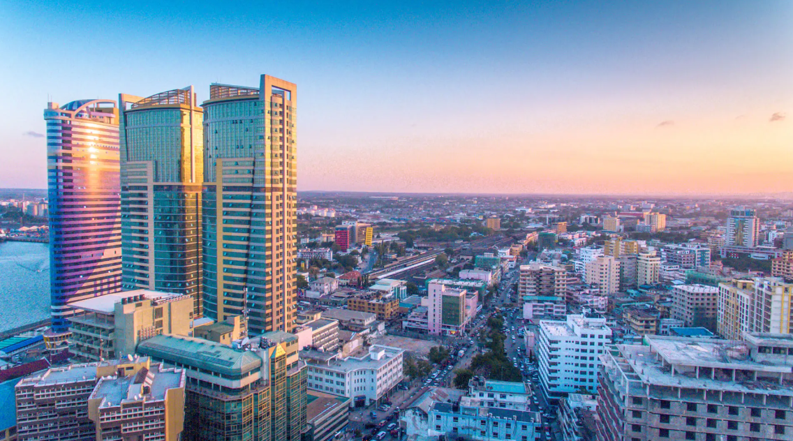 Aerial cityscape at sunset